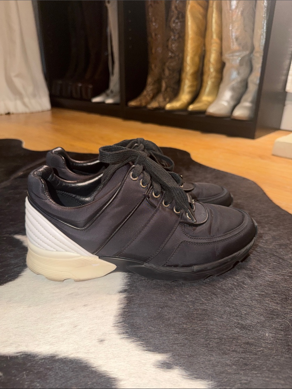 CHANEL 2017 Interlocking CC Logo Athletic Black Nylon with Leather Trim Sneakers - Picture 6 of 11